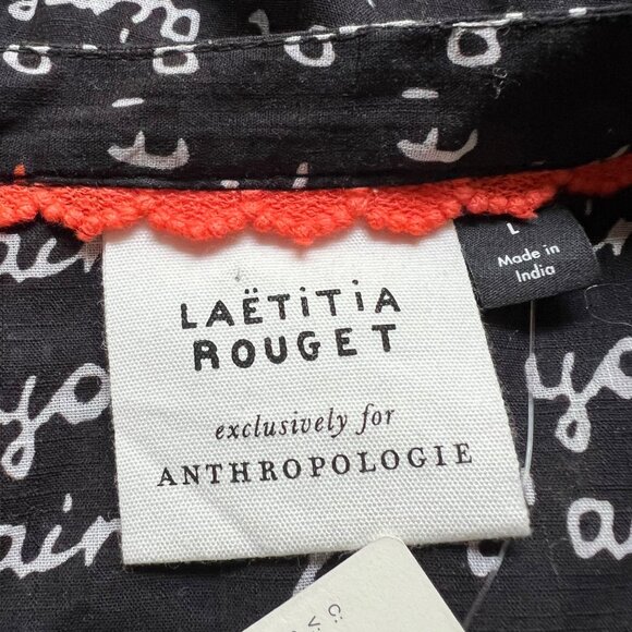Anthropologie Laetitia Rouget Sz L Black Motif I Love You Puff Sleeve Blouse NWT - Picture 4 of 16